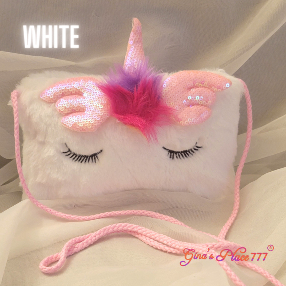 Girls Vibrant Unicorn Sequin Plush Soft Crossbody Bag/Purse White